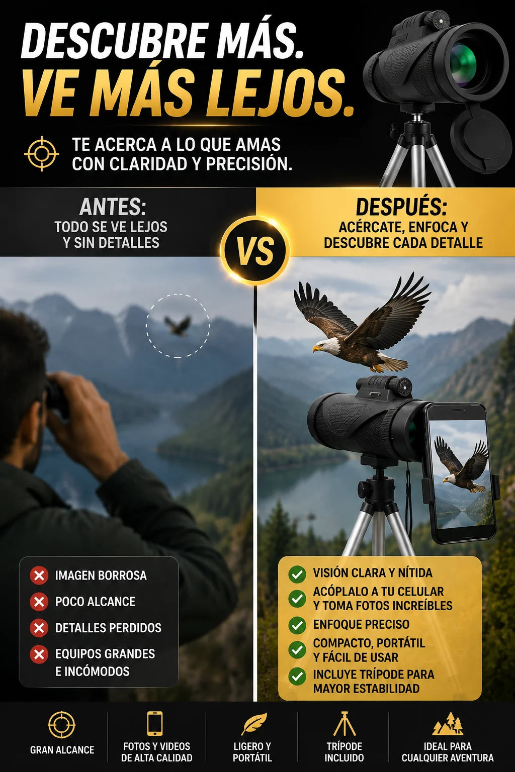 Telescopio Monocular de Alta Precisión – Visión Clara HD, Alcance Superior y Exploración Profesional 🔭✨